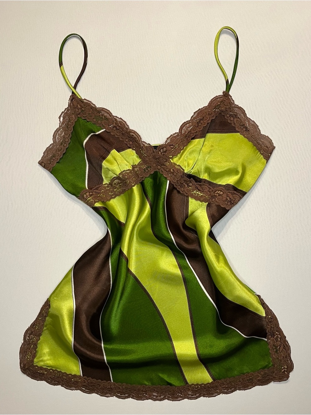 Vintage Y2K Twenty One Satin Abstract Cami Top Lace Trim Green Brown Women’s S
